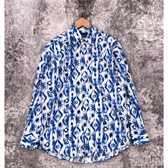 Vintage Wrangler Pearl Snap Shirt Medium Mens Blue Aztec Western Brushpopper